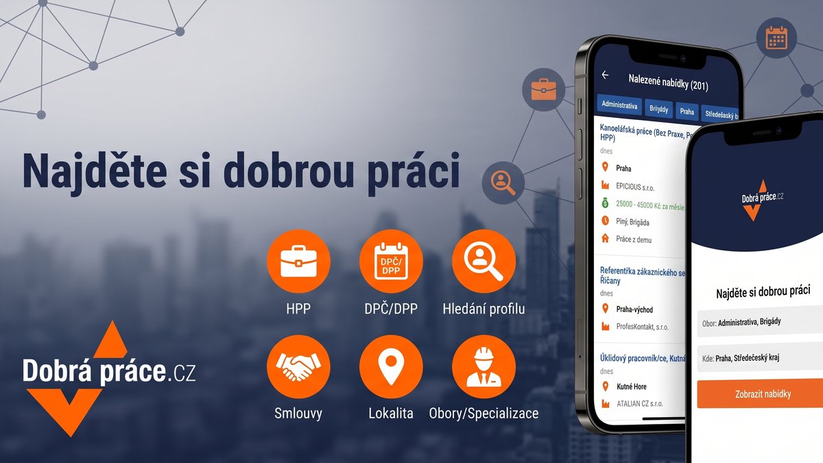 Feature grafika aplikace Dobrá práce – Dobrá práce na dosah ruky, výpis nabídek a vyhledávání ve dvou telefonech