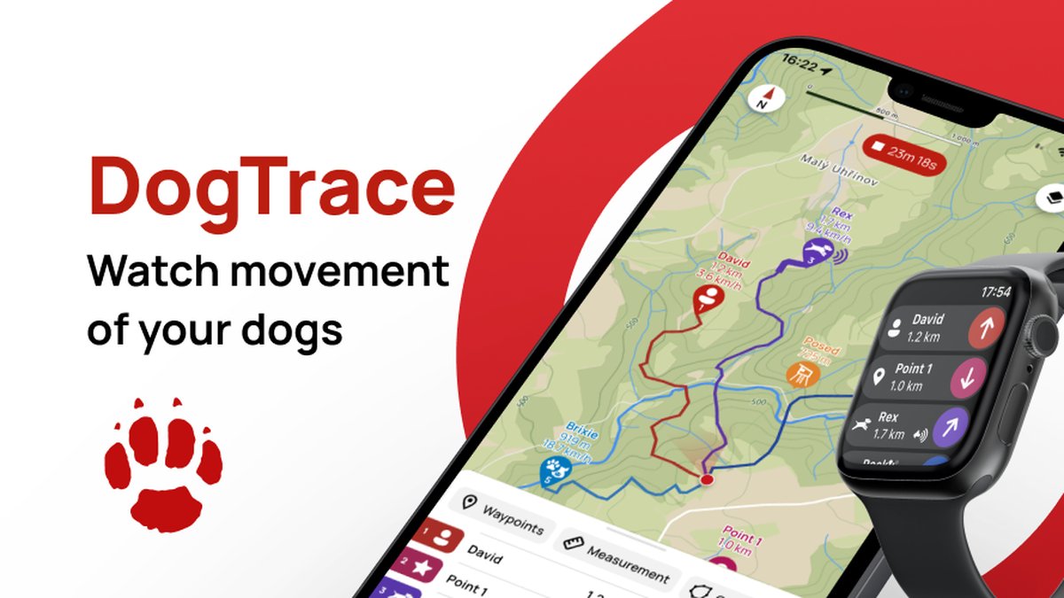 Feature grafika aplikace DogTrace – sledování trasy psa na mapě v telefonu a přehled na Apple Watch