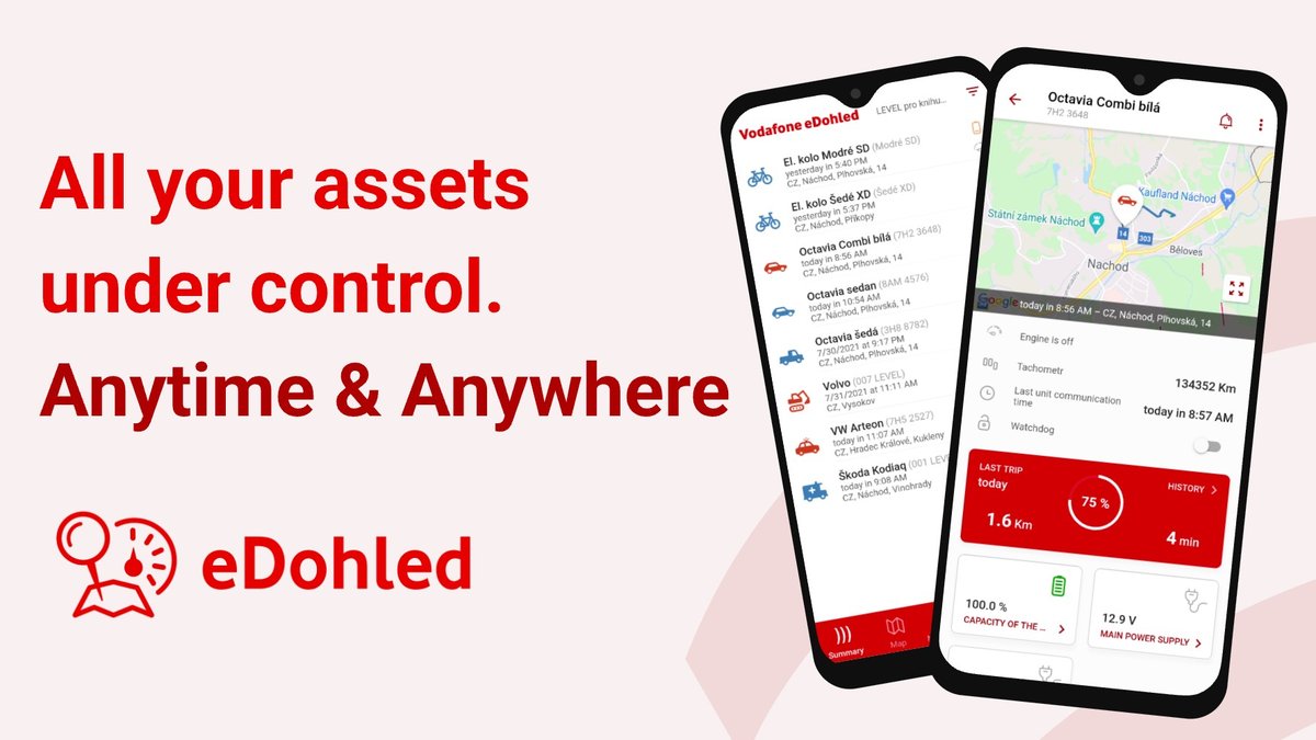 Feature grafika aplikace Vodafone eDohled – All your assets under control, mapa a detail vozidla ve dvou telefonech
