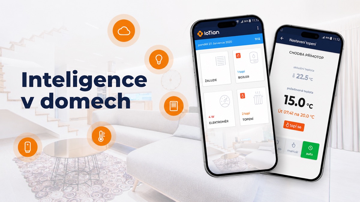 Feature grafika aplikace IoTian – Inteligence v domech, ovládání chytré domácnosti ze dvou telefonů