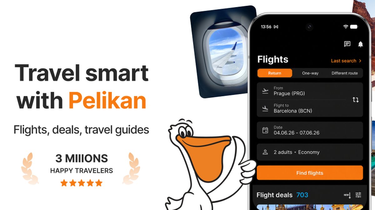 Feature grafika aplikace Pelipecky – Travel smart with Pelikan, vyhledávání letenek v telefonu